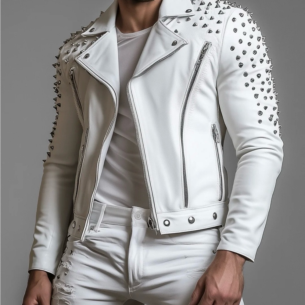 Men's White Studded Leather Jacket